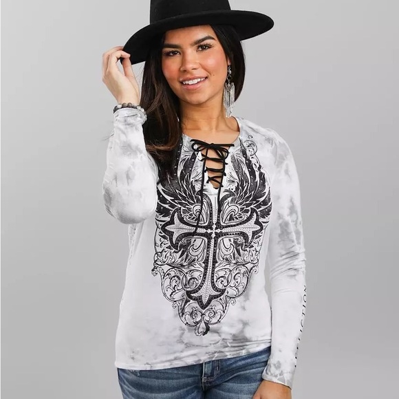 Affliction Gray and Black Lace-Up Graphic Top - Picture 1 of 10